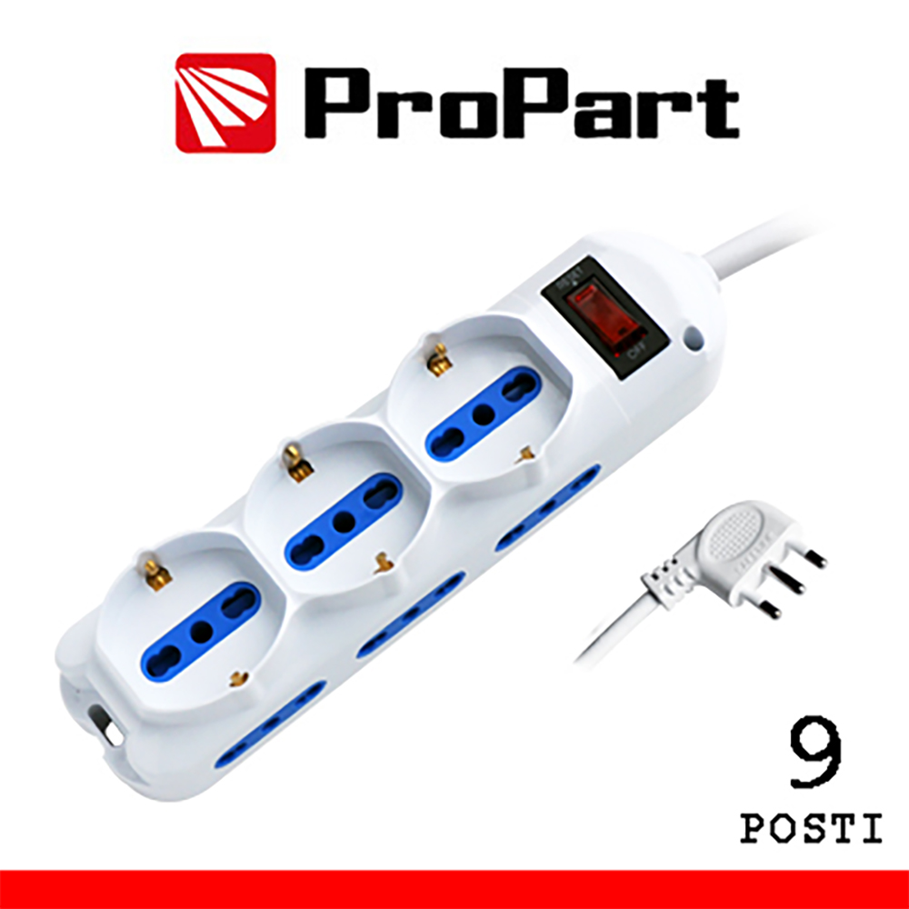 MULTIPRESA 9 POSTI: 6 PRESE 10/16A BIPASSO 2P+T + 3 PRESE 10/16A BIPASSO/SCHUKO SPINA 10A 2P+T (90°) + INTERRUTTORE