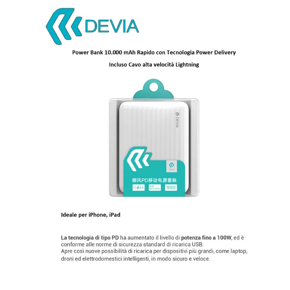 POWER BANK DEVIA KINTONG CARICA RAPIDA PD 10.000 mAh 100w CON CAVO LightningE COLORE BIANCO