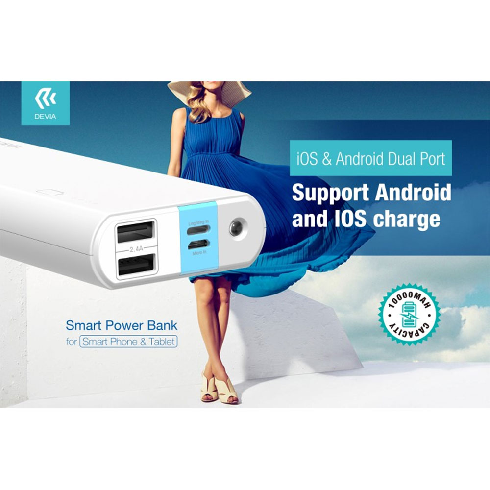 POWER BANK DEVIA SMART 10.000 mAh CARICA RAPIDA 2.4A DUAL PORT iOS & Android COLORE BIANCO