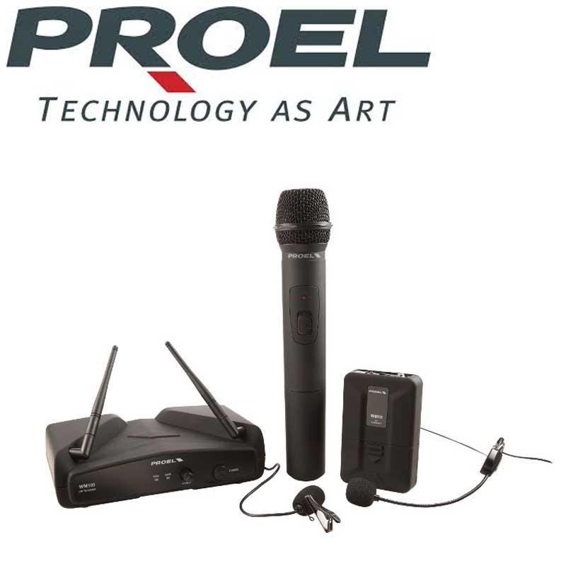 RADIOMICROFONO PROFESSIONALE PROEL WM100KIT PALMARE LAVALIER E HEADSET VHF 211.500MHz + RICEVITORE