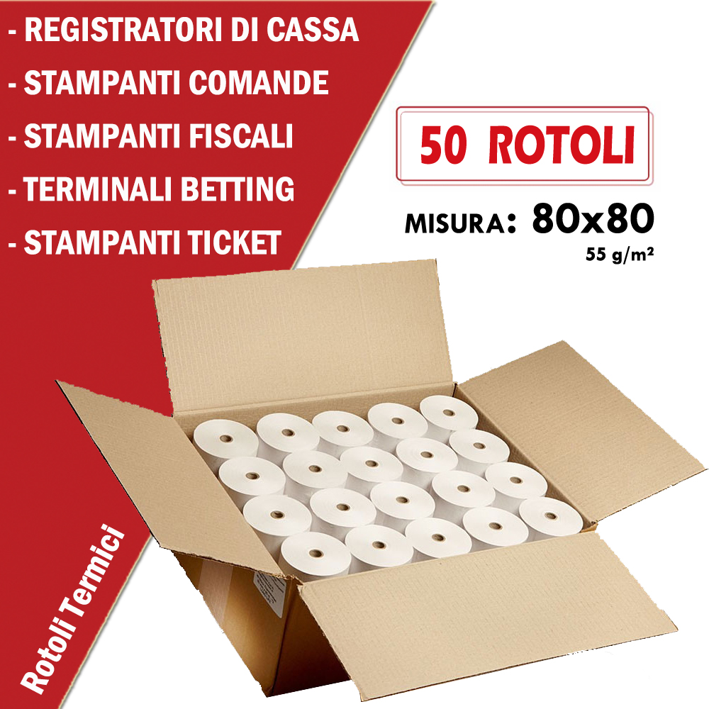 ROTOLO TERMICO 80x80mt anima da 12mm  per REGISTRATORI DI CASSA - STAMPANTI FISCALI - STAMPANTI COMANDE - STAMPANTI TICKET - TERMINALI BETTING CONF. 50PZ