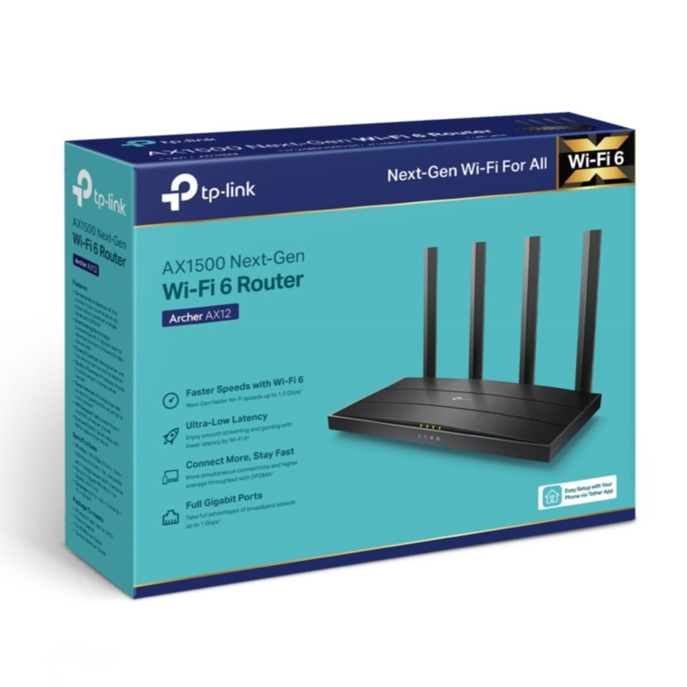 ROUTER TP-LINK ARCHER AX12 AX1500 V1 - Wi-Fi 6 - Dual-band (2.4 GHz/5 GHz) Switch a 3 porte - 1x Porta GbE WAN 3x Porta GbE LAN - 4 Antenne