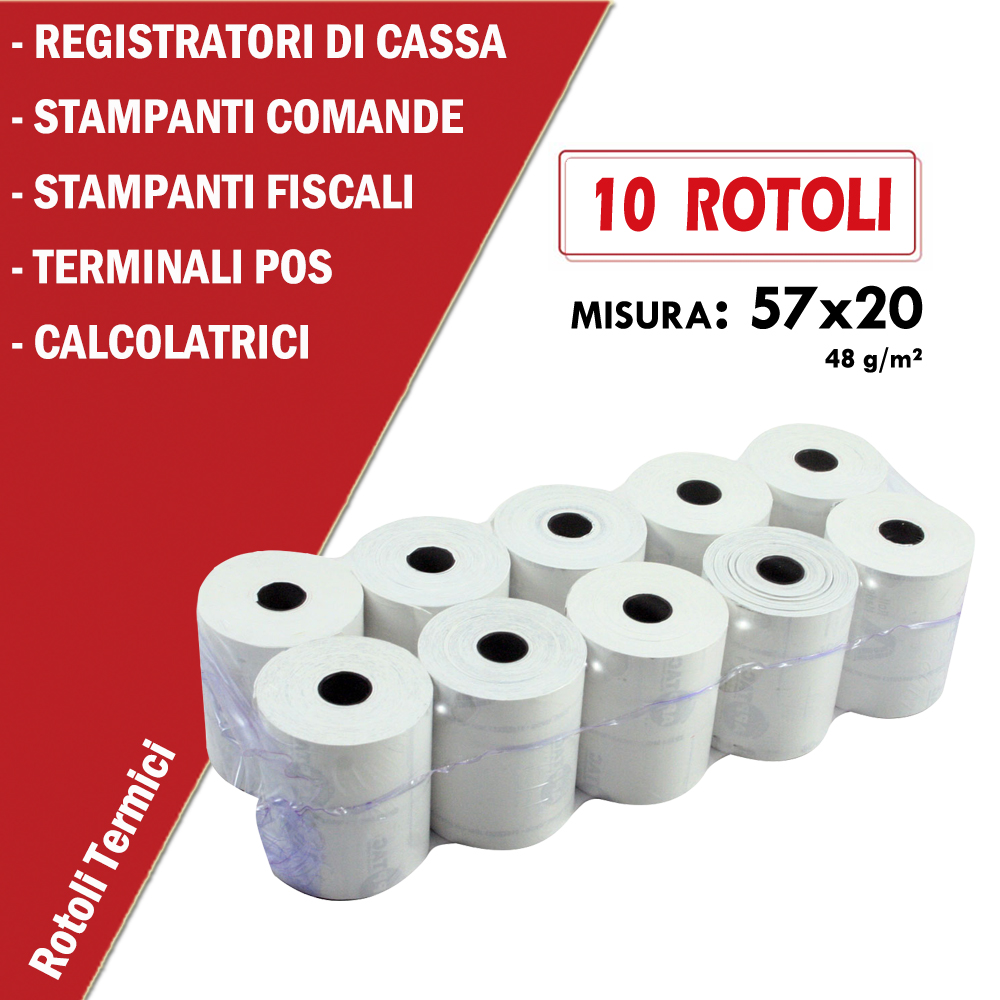 ROTOLO TERMICO 57x20mt anima da 12mm per TEMINALI POS - CALCOLATRICE CONF. 10PZ