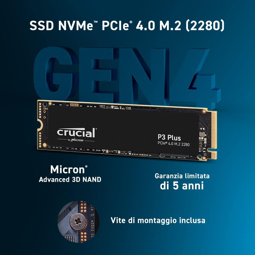 SSD CRUCIAL P3 PLUS CAPACITA' 1TB CT CT1000P3PSSD8 M.2 2280, PCIe 4.0 NVMe r:5000MB/s w:3600MB/s