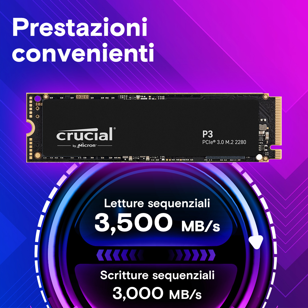 SSD CRUCIAL P3 CAPACITA' 2TB CT CT2000P3SSD8 M.2 2280, PCIe 4.0 NVMe r:3500MB/s w:3000MB/s