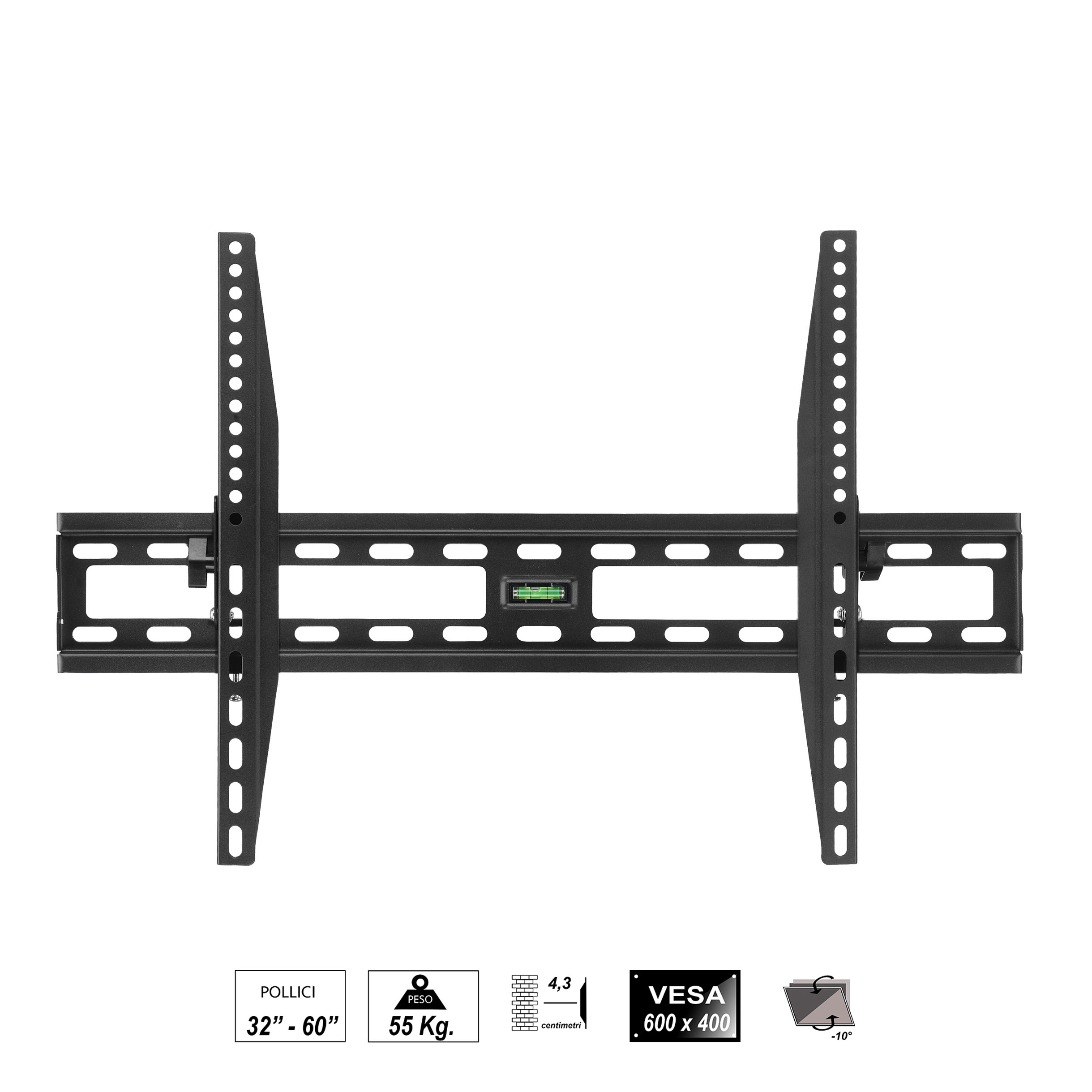 SUPPORTO A PARETE PER MONITOR TV LED/LCD 32" - 60" INCLINABILE -10° / +10° VESA 75x75, 100x100, 200x200, 400x400, 600x400
