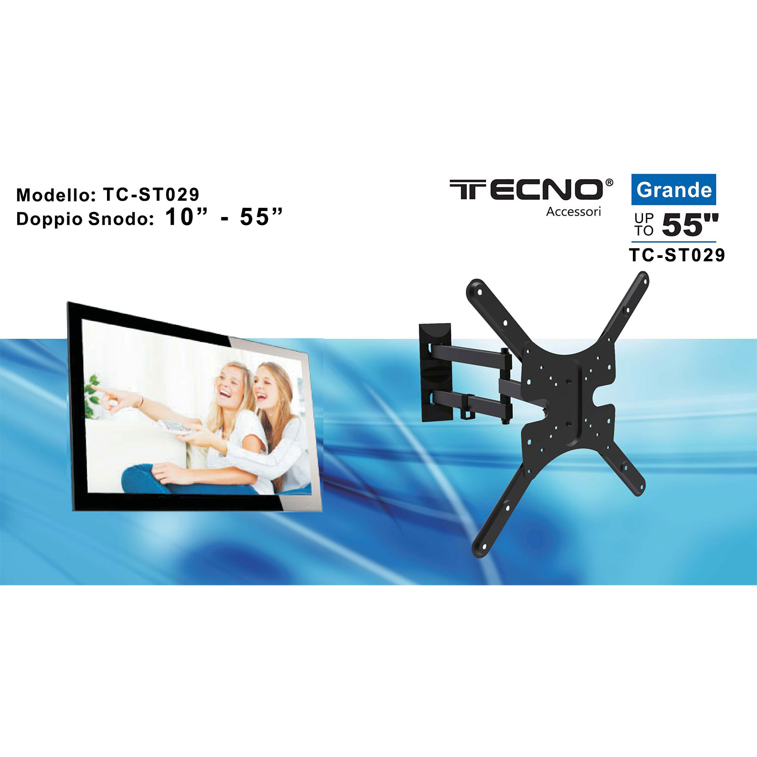 SUPPORTO A PARETE INCLINABILE A 3 SNODI PER MONITOR TV LED/LCD 10" - 55" INCLINABILE -15° / +15° rotazione 270° VESA 75x75, 100x100, 100x200, 200x200, 400x400