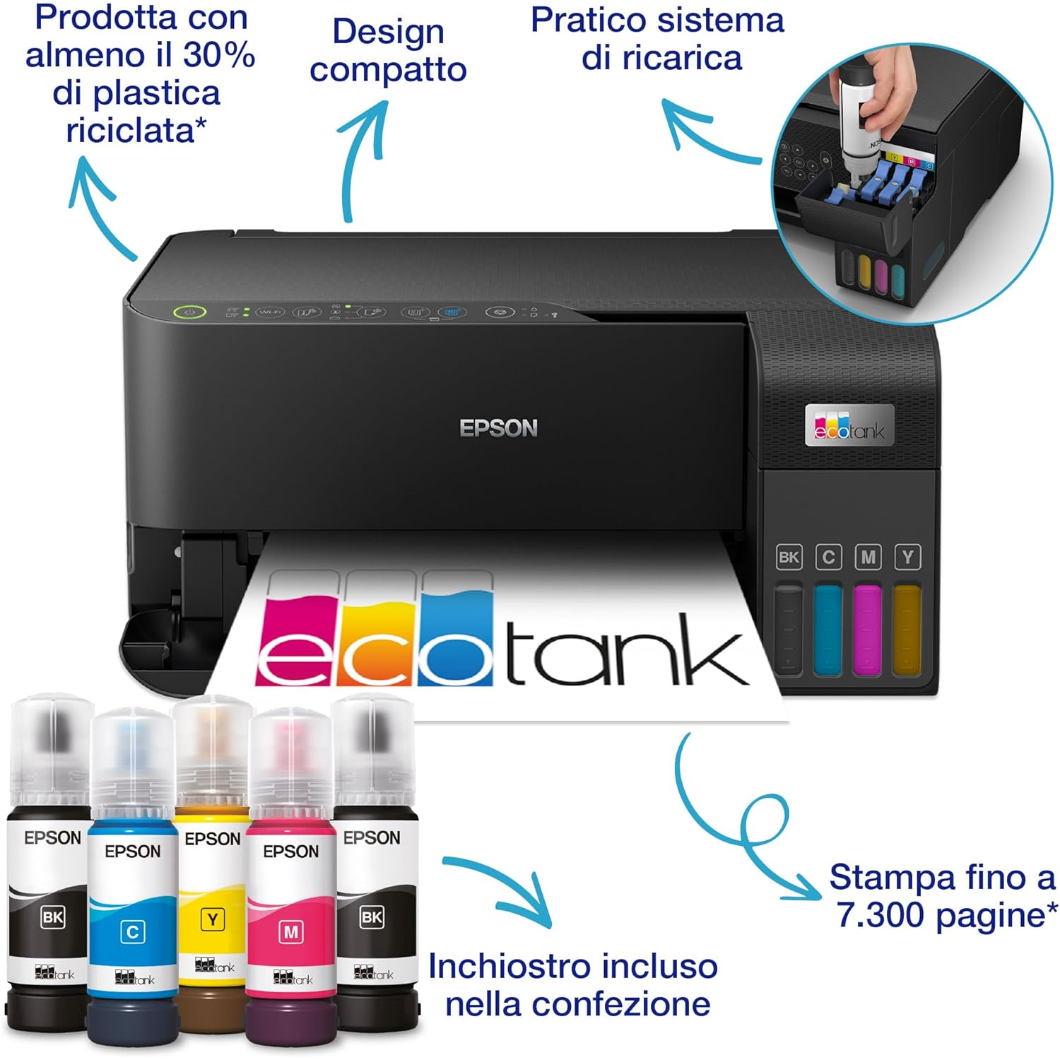 MULTIFUNZIONE EPSON EcoTank ET-2860 USB, Wi-Fi, Wi-Fi Direct A4 copia + stampa + scansione