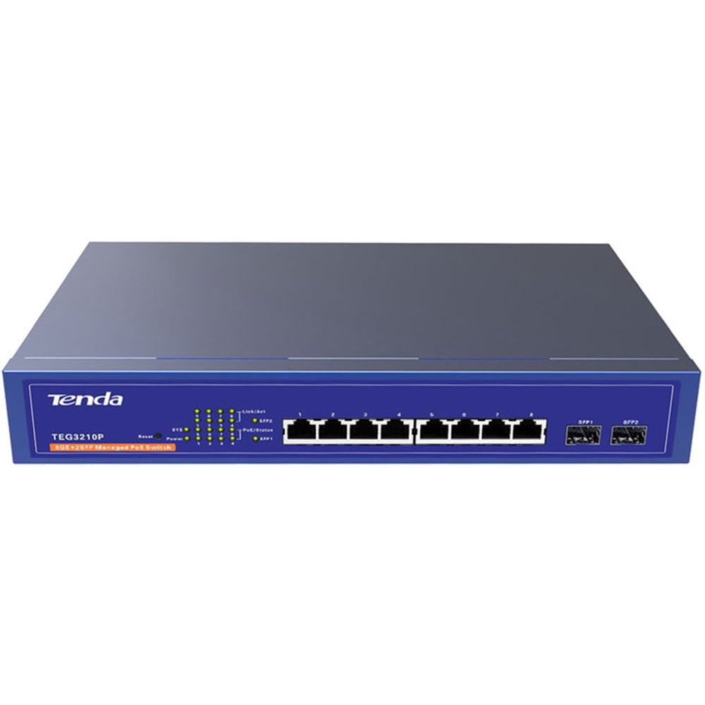 SWITCH DESKTOP DI RETE TENDA 8-Port 10/100/1000Mbps + 2 PORTE FIBRA SFP BLU TEG3210P