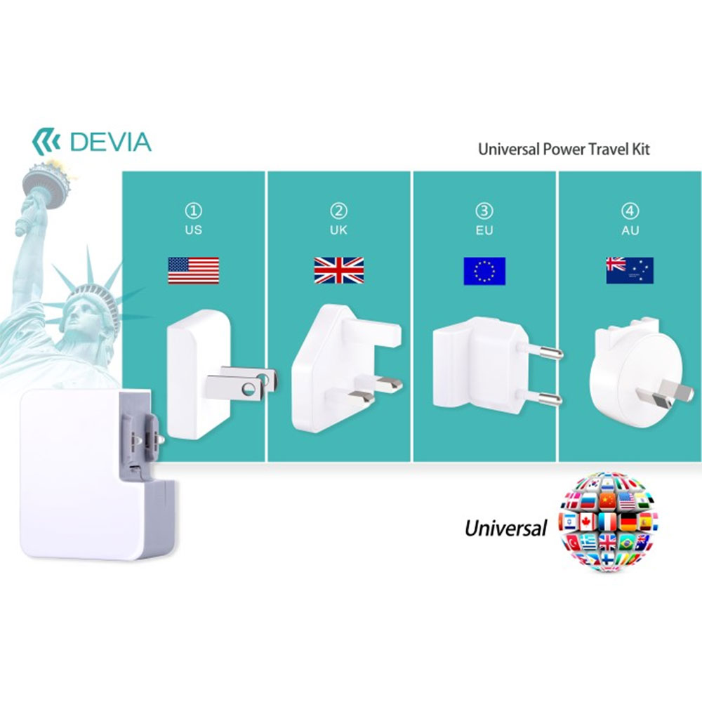 TRAVEL KIT DEVIA DEUPTK225 CARICABATTERIE DA VIAGGIO UNIVERSALE 220V > 2x USB 2.5A COLORE BIANCO