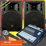 IMPIANTO KARAOKE E PIANO BAR PROFESSIONALE 2 CASSE PASSIVE 1200W + 1 MICROFONO PROFESSIONALE + 1 MIXER AMPLIFICATO 12 CANALI DSP EFFETTI VOCE + CAVI (KM-1200)