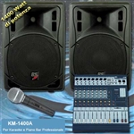 IMPIANTO KARAOKE E PIANO BAR PROFESSIONALE 2 CASSE BI-AMPLIFICATE 1400W + 1 MICROFONO PROFESSIONALE + 1 MIXER PASSIVO 8 CANALI DSP EFFETTI VOCE + CAVI (KM-1400A)