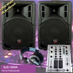 IMPIANTO PER DJ PROFESSIONALE 2 CASSE BI-AMPLIFICATE 1200W + 1 MIXER DJ PASSIVO 2 CANALI COMMUTABILI E CROSSFADER + CUFFIA DJ PROFESSIONALE + CAVI (DJ2-1200A)
