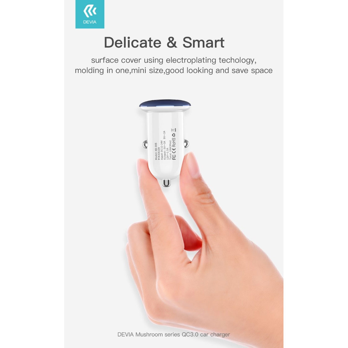 CARICABATTERIE DA AUTO DEVIA QC3.0 USB 5V 18W 3A CARICA RAPIDA BASSO PROFILO  PER TABLET, SMARTPHONE