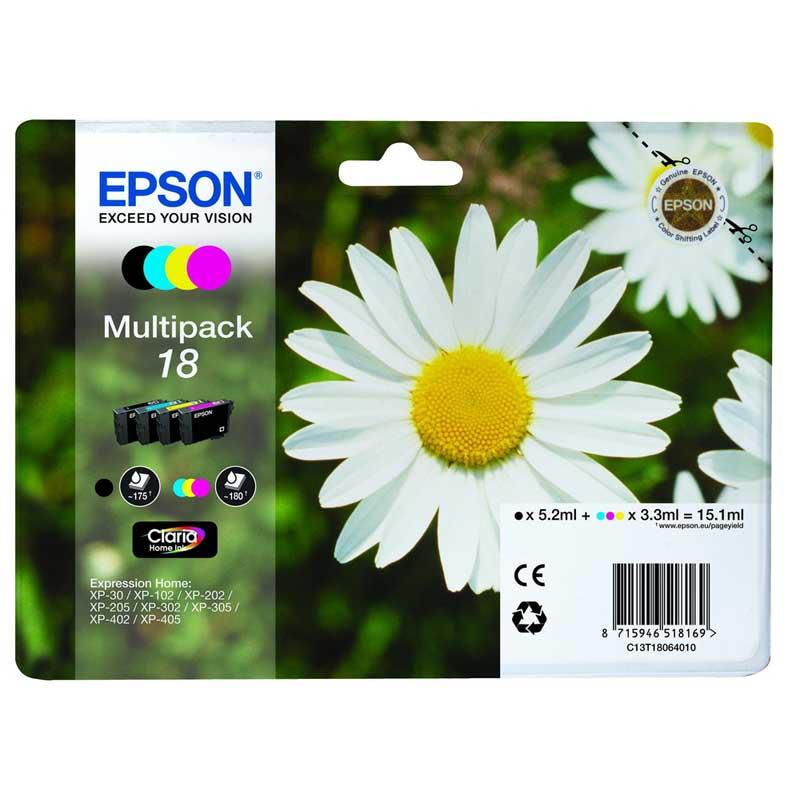 CARTUCCIA INK-JET EPSON MULTIPACK B-C-M-Y MARGHERITA 18 ORIGINALE C13T18064010 Expression Home XP-102, XP-202, XP-205, XP-30, XP-302, XP-305, XP-402, XP-405
