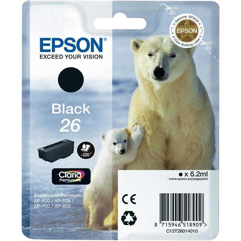 CARTUCCIA INK-JET EPSON BLACK ORSO POLARE 26 ORIGINALE C13T26014010 Expression Premium XP-600, XP-605, XP-700, XP-800