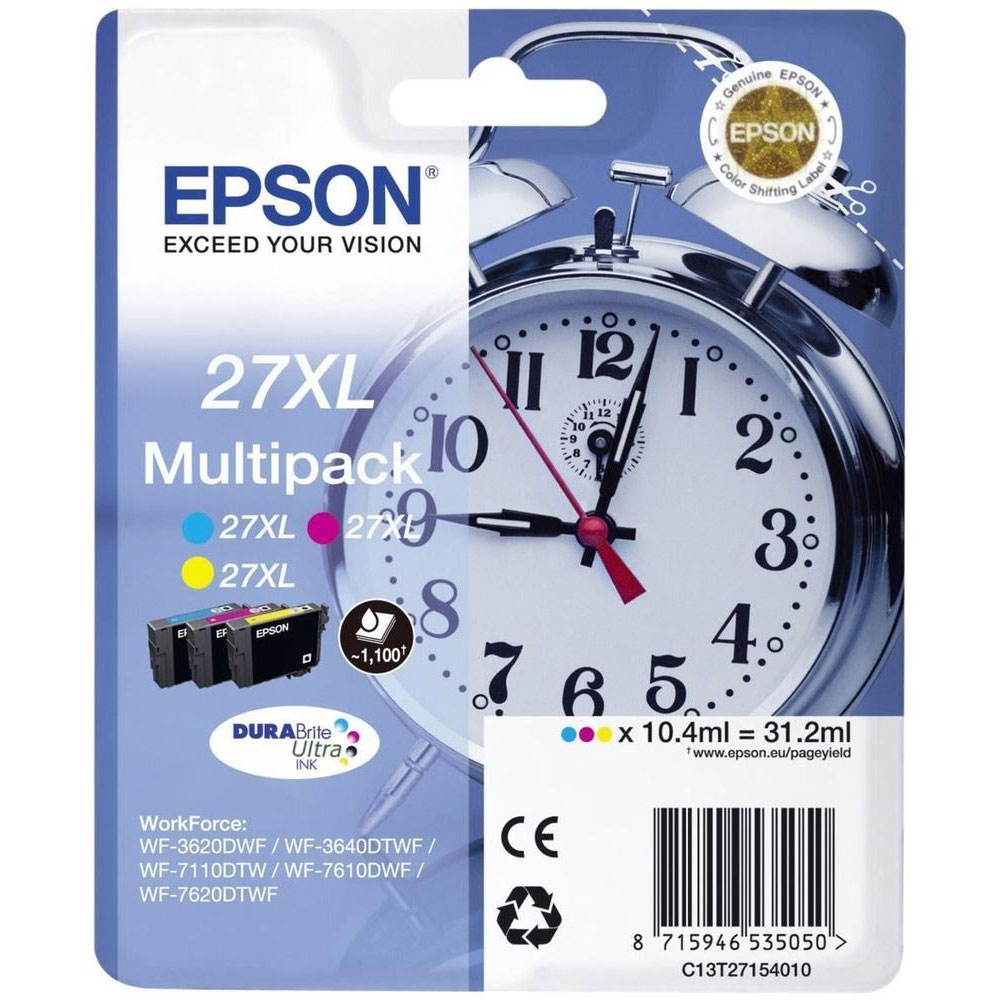 CARTUCCIA EPSON SVEGLIA MULTIPACK 27XL C13T27154020 C-M-Y ORIGINALE WorkForce WF-3620DWF - WF-3640DTWF - WF-7110DTW - WF-7610DWF - WF-7620DTWF