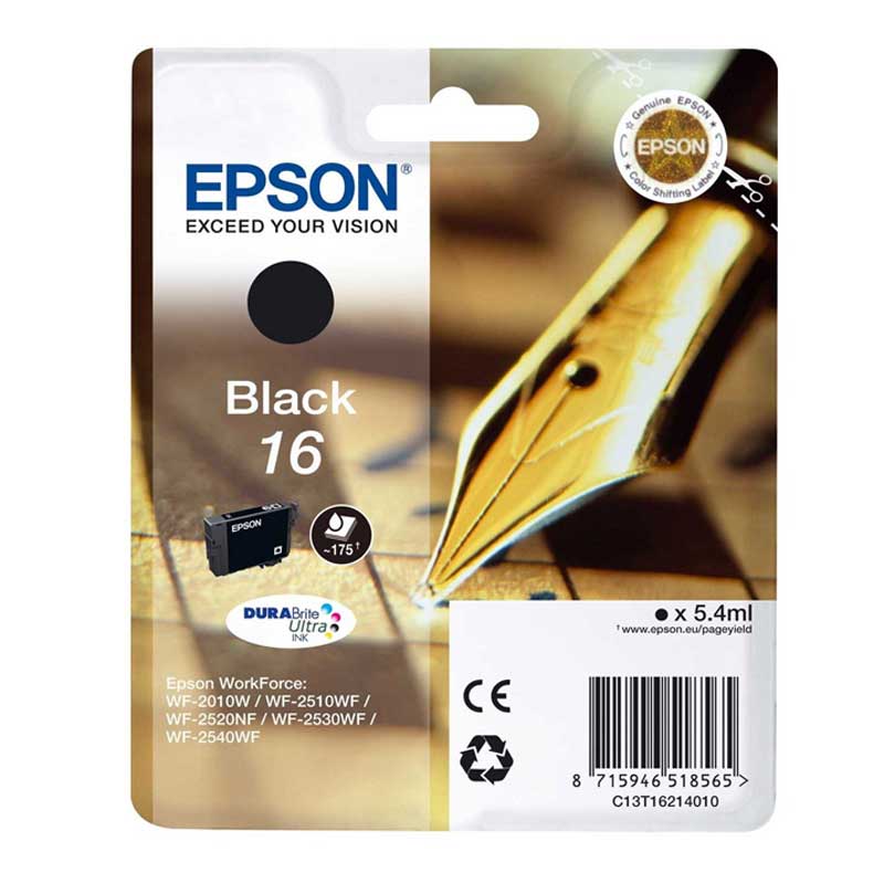 CARTUCCIA INK-JET EPSON BLACK PENNA E CRUCIVERBA 16 ORIGINALE C13T16214012 WorkForce WF-2010W, WF-2510WF, WF-2520NF, WF-2530WF, WF-2540WF