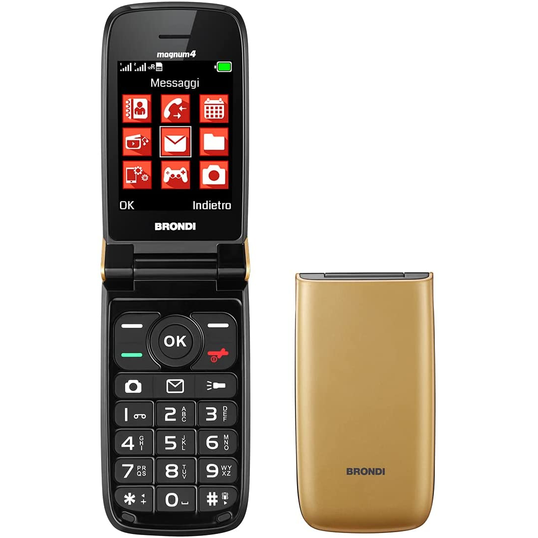 TELFONO CELLULARE BRONDI MAGNUM 4 MAXI DISPLAY CON FLIP ATTIVO GSM DUAL-SIM DISPLAY 2.8" Fotocamera 1.3 Mp COLORE ORO