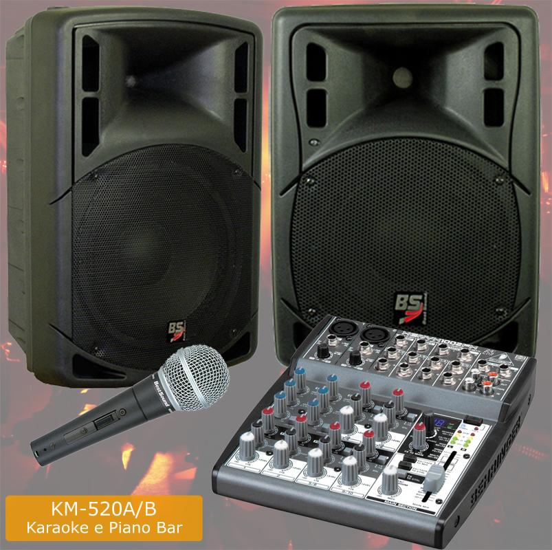 IMPIANTO KARAOKE E PIANO BAR PROFESSIONALE 2 CASSE BI-AMPLIFICATE 520W MUSICALI + 1 MICROFONO PROFESSIONALE + 1 MIXER PASSIVO 6 CANALI CON 100 FX 24Bit EFFETTI VOCE + CAVI (KM-520A/B)