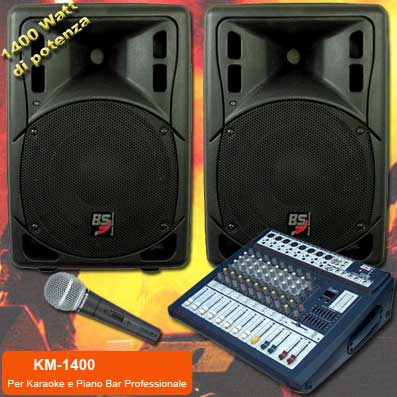 IMPIANTO KARAOKE E PIANO BAR PROFESSIONALE 2 CASSE PASSIVE 1400W + 1 MICROFONO PROFESSIONALE + 1 MIXER AMPLIFICATO 12 CANALI DSP EFFETTI VOCE + CAVI (KM-1400)