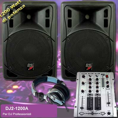 IMPIANTO PER DJ PROFESSIONALE 2 CASSE BI-AMPLIFICATE 1200W + 1 MIXER DJ PASSIVO 2 CANALI COMMUTABILI E CROSSFADER + CUFFIA DJ PROFESSIONALE + CAVI (DJ2-1200A)