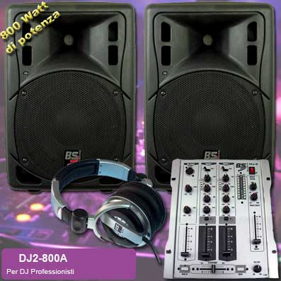 IMPIANTO PER DJ PROFESSIONALE 2 CASSE BI-AMPLIFICATE 800W + 1 MIXER DJ PASSIVO 2 CANALI COMMUTABILI E CROSSFADER + CUFFIA DJ PROFESSIONALE + CAVI (DJ2-800A)