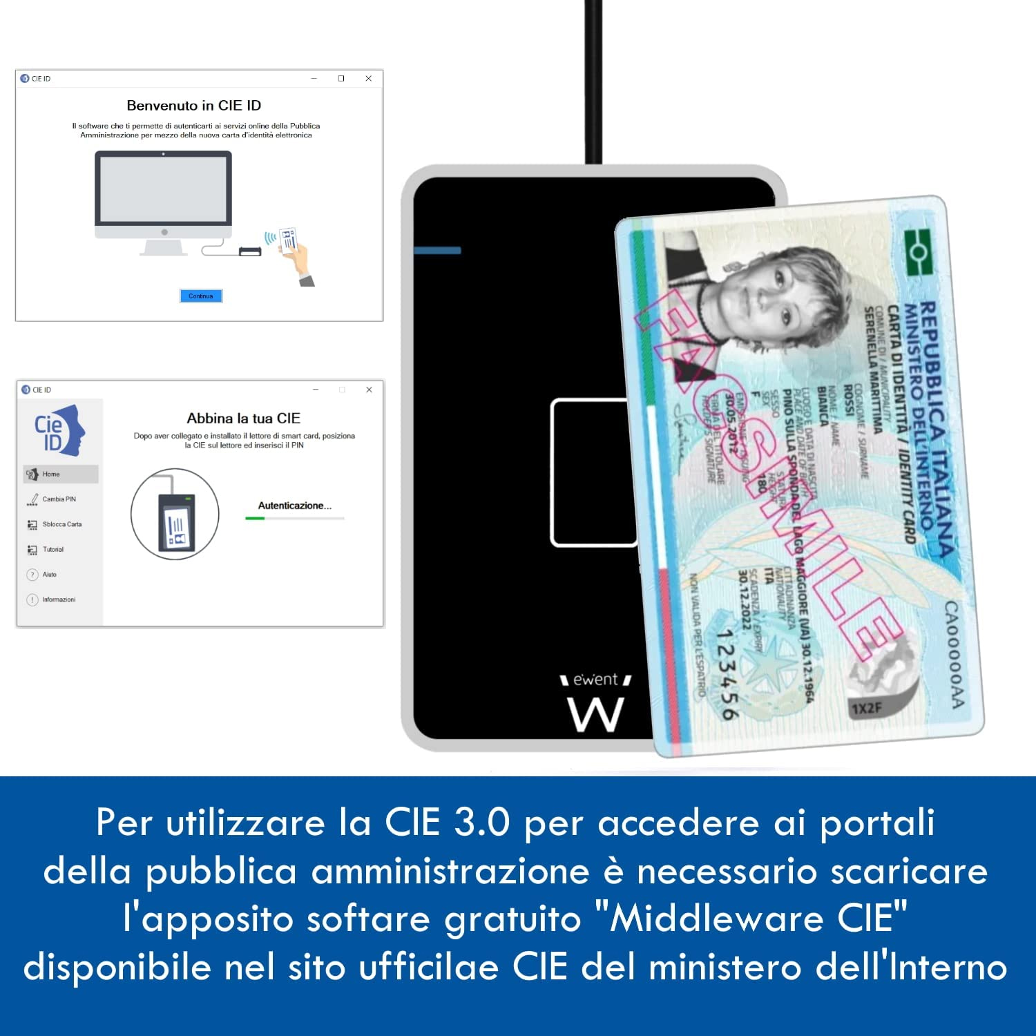 LETTORE SMART CARD RFID e NFC CARTA DI IDENTITA' ELETTRONICA CIE 3.0 - NUOVA TESSERA SANITARIA CNS-CRS USB 2.0 EW1053