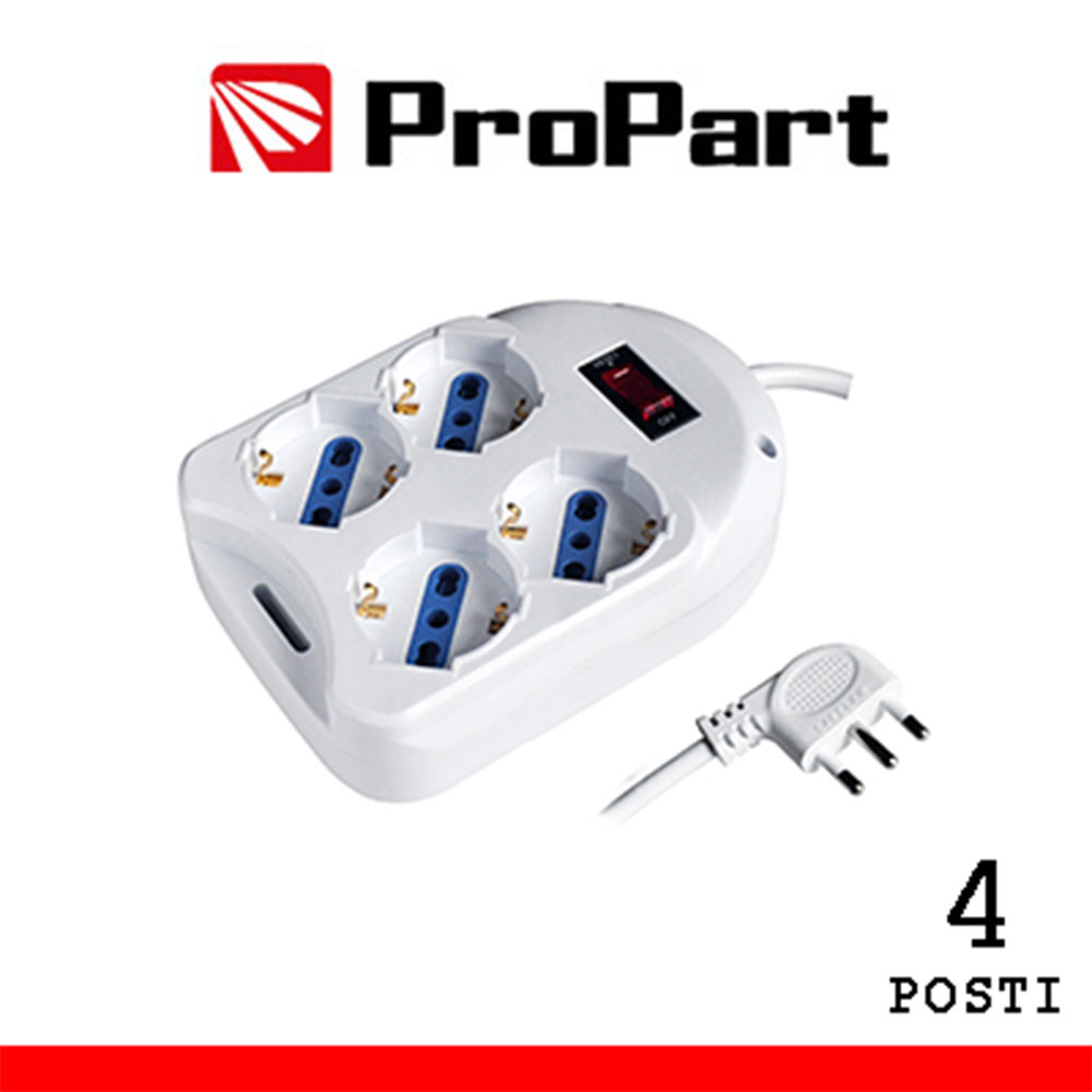 MULTIPRESA QUADRATA 4 POSTI BIPASSO/SCHUKO 10/16A 2P+T + BIPASSO/SCHUKO SPINA16A 2P+T (90°) + INTERRUTTORE