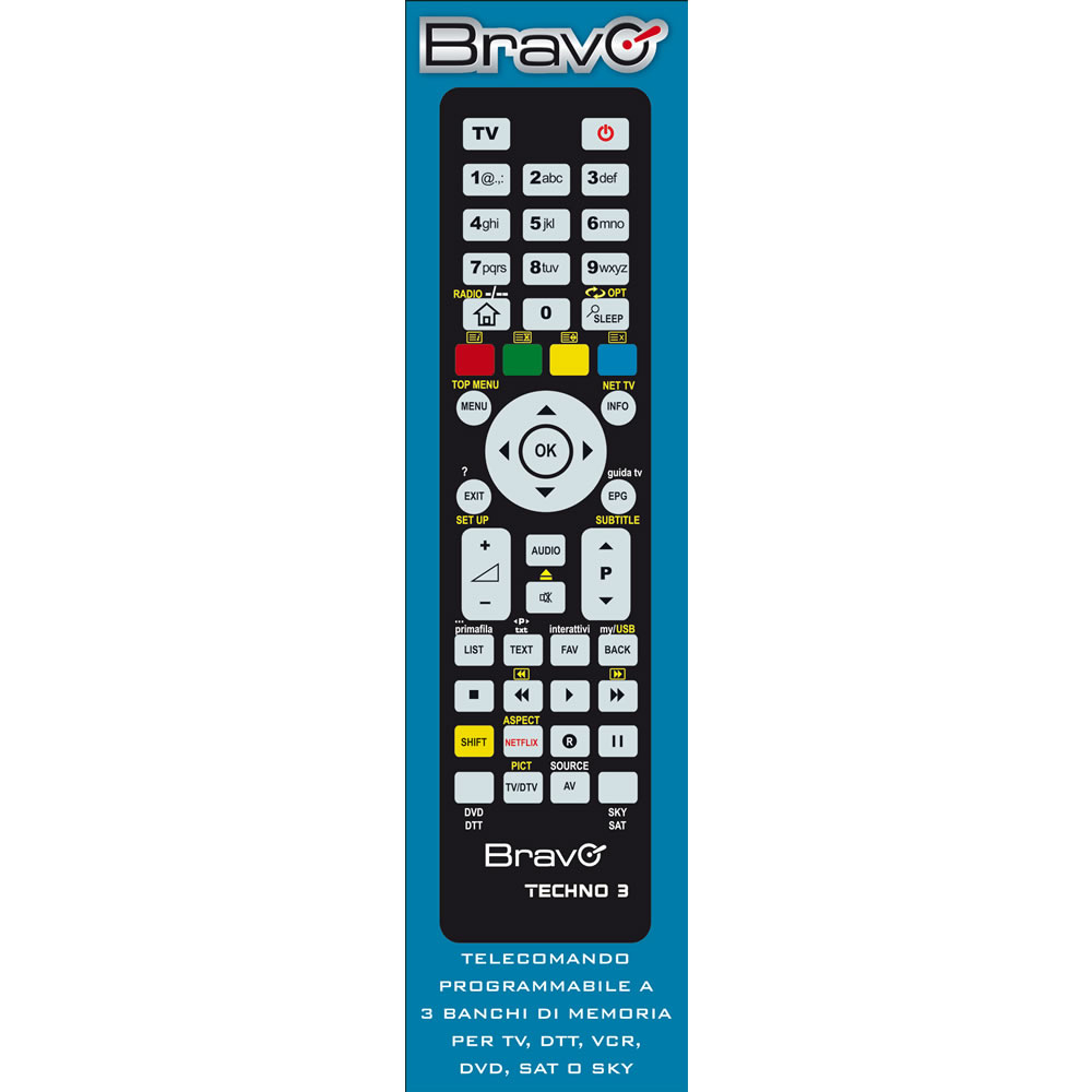 TELECOMANDO TV BRAVO UNIVERSALE PROGRAMMABILE TECHNO 3  TV, VCR, DVD, SAT, DTT o SKY (92602666)