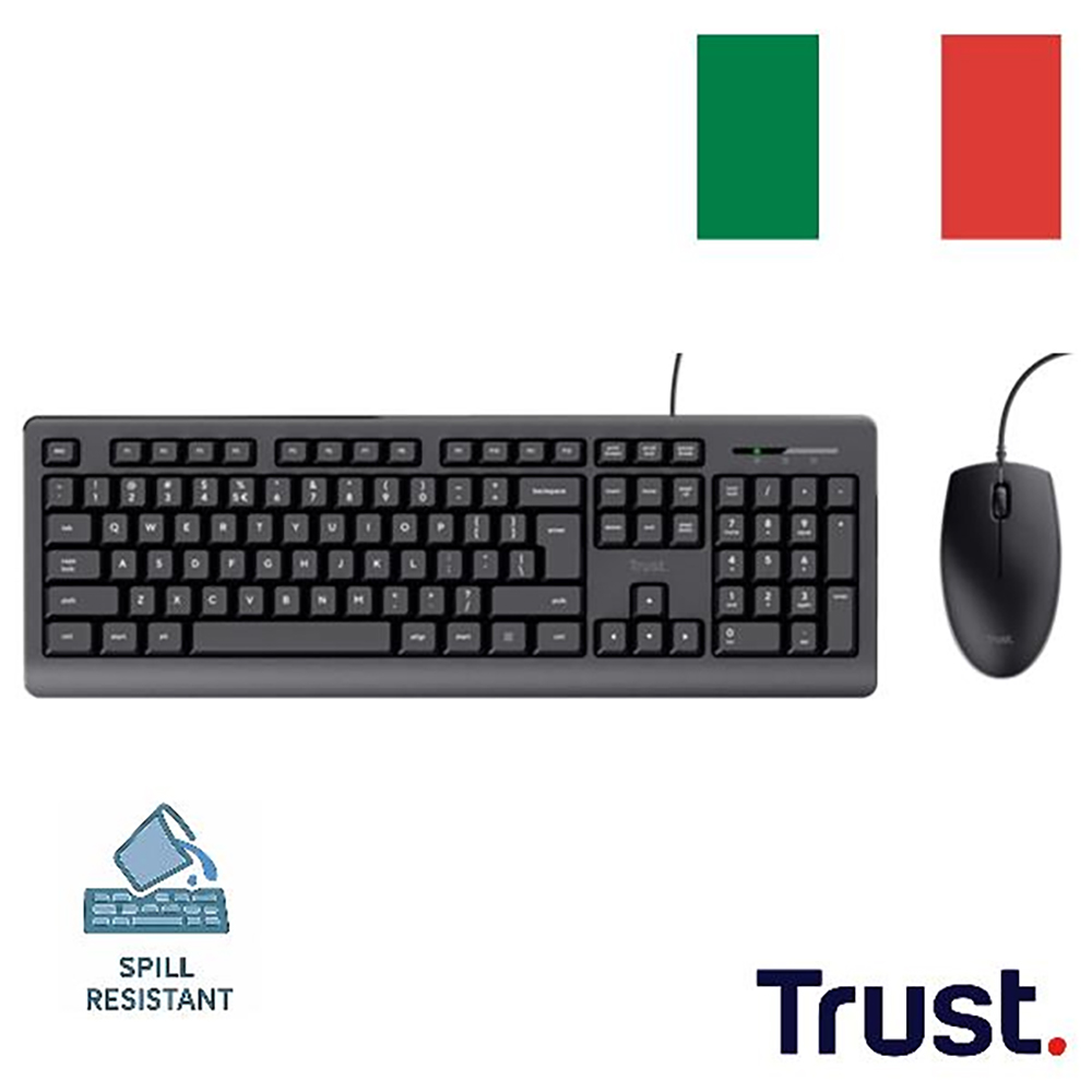 KIT TRUST PRIMO 2IN1 TASTIERA + MOUSE DESKTOP A FILO USB RESISTENTI AGLI SVERSAMENTI