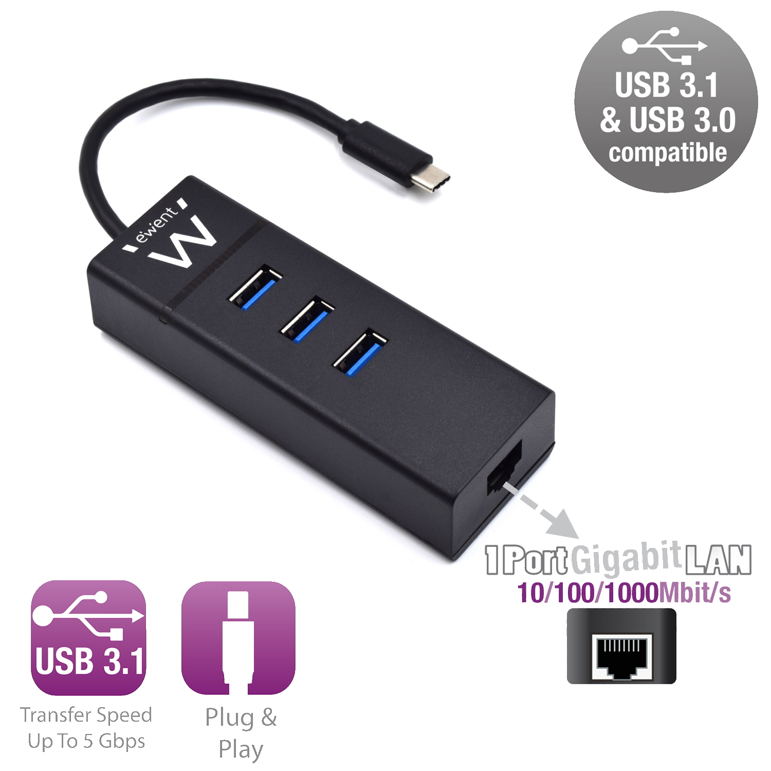 ADATTATORE RETE USB/LAN (USB Type-C a ETHERNET Gigabit)+ HUB 3 PORTE USB 3.1 EWENT EW1141