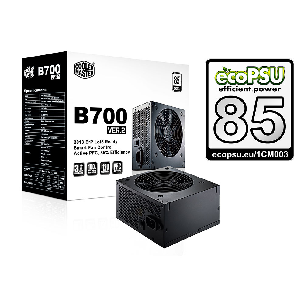 ALIMENTATORE COOLER MASTER B2-Series VER.2 B2700 700W 85% Typical Load 230V V2.3 1-FAN 120MM 20+4-PIN PFC ATTIVO RS700-ACABB1-EU