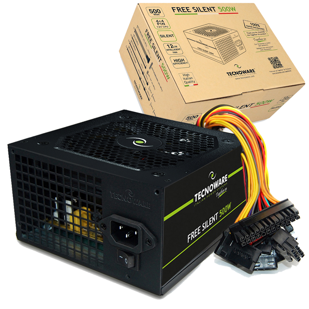 ALIMENTATORE TECNOWARE 500W FREE SILENT ATX SATA 20/24 pin VENTOLA DA 12CM