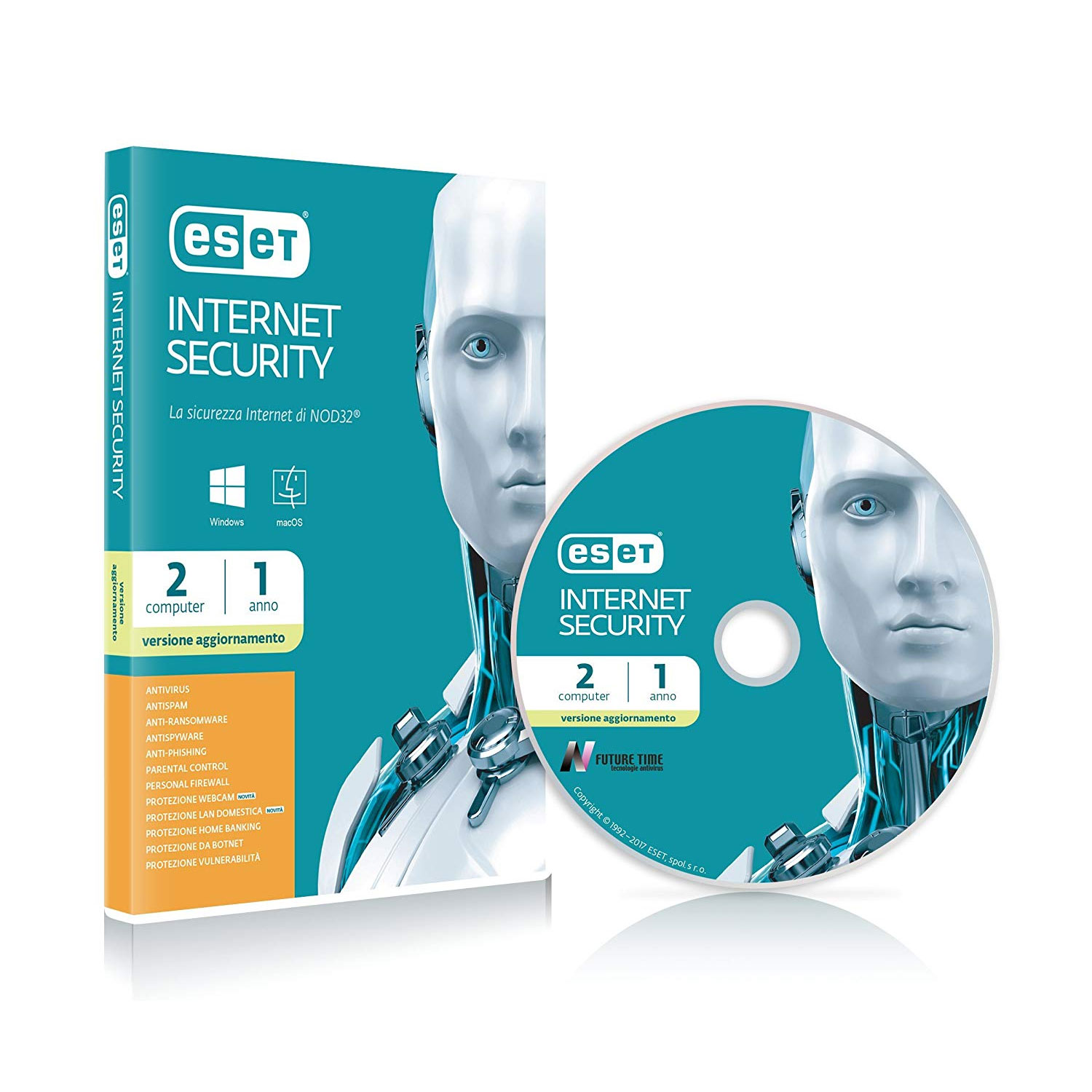 SOFTWARE ESET ANTIVIRUS INTERNET SECURITY NOD32 RINNOVO LICENZA  PER 2PC RETAIL per Windows