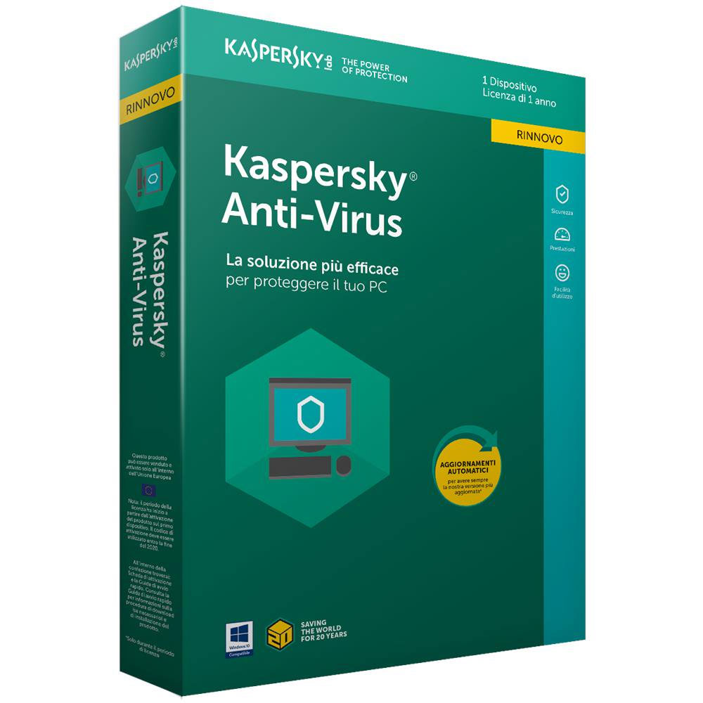 SOFTWARE ANTIVIRUS KASPERSKY 2018 ITA RINNOVO 1 LICENZA PER WINDOWS