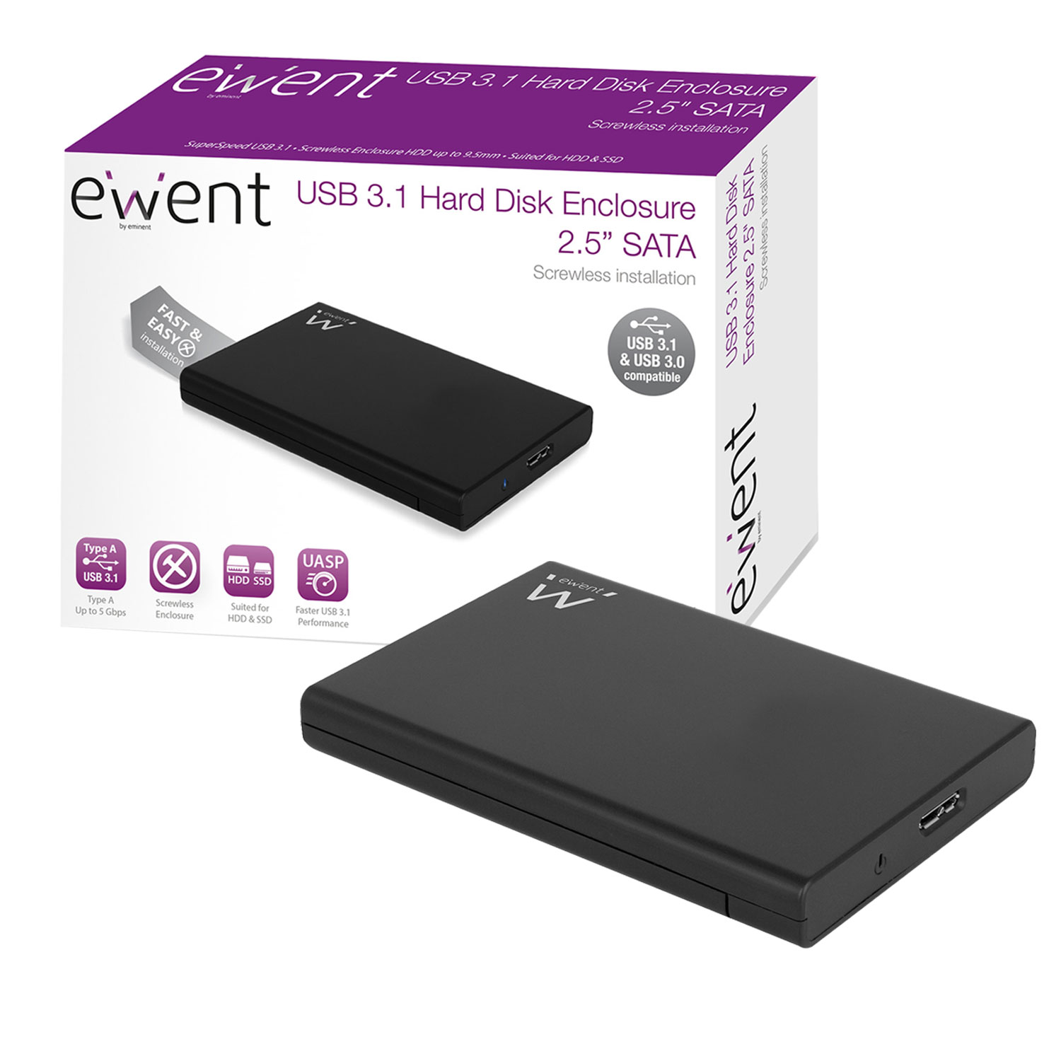 BOX ESTERNO EWENT IN PLASTICA PER HDD E SSD 2.5" SATA INTERFACCIA USB 3.0/3.1 SENZA VITI EW7044
