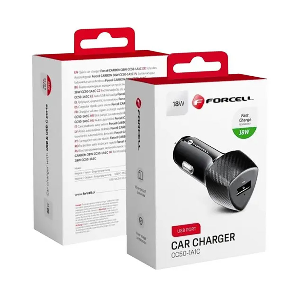 CARICABATTERIE DA AUTO FORCELL CC50-1A CARBON USB QC 3.0 18W 3A PER TABLET, SMARTPHONE