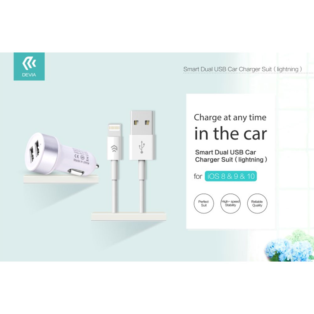 KIT DEVIA DESCI539W CARICABATTERIE DA AUTO 2.1A + CAVO DATI 1MT LIGHTNING PER iOS 10 E SUPERIORI COLORE BIANCO