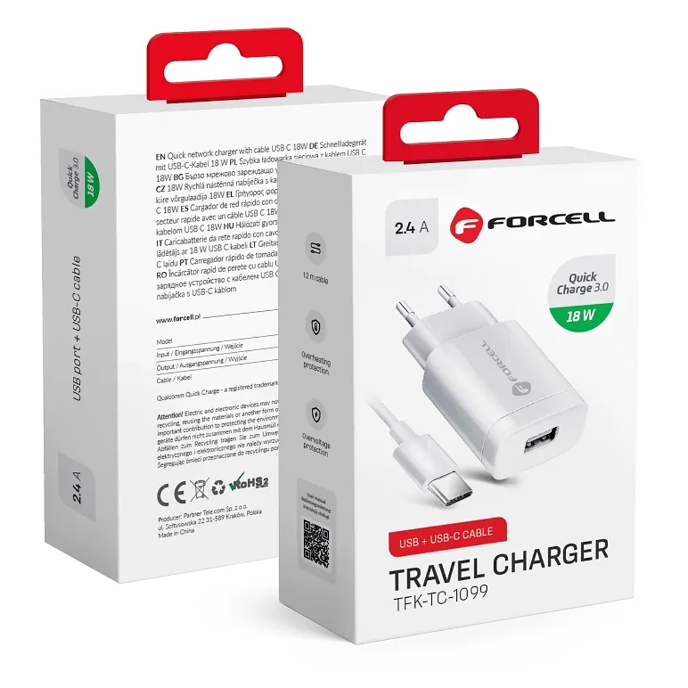 KIT FORCeLL DECHGPDS847 CARICABATTERIE RAPIDO QC (5V - 3A - 1W) Type-C + CAVO DATI 1MT APPLE "Type-C - Type-C" COLORE BIANCO