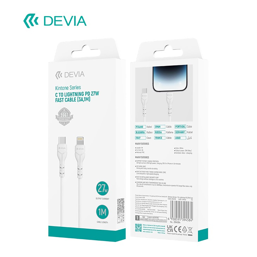 CAVO DATI E CARICA RAPIDA DEVIA PD 27W Type-C - Lightning 1MT KINTONE SERIES (3A) APPLE IPHONE E IPAD