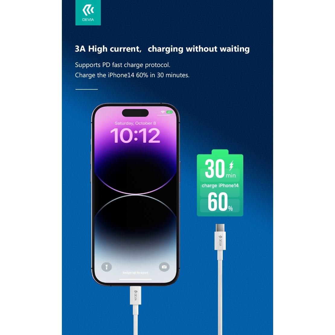 CAVO DATI E CARICA RAPIDA DEVIA PD 27W Type-C - Lightning 2MT IN NYLON (3A) APPLE IPHONE E IPAD