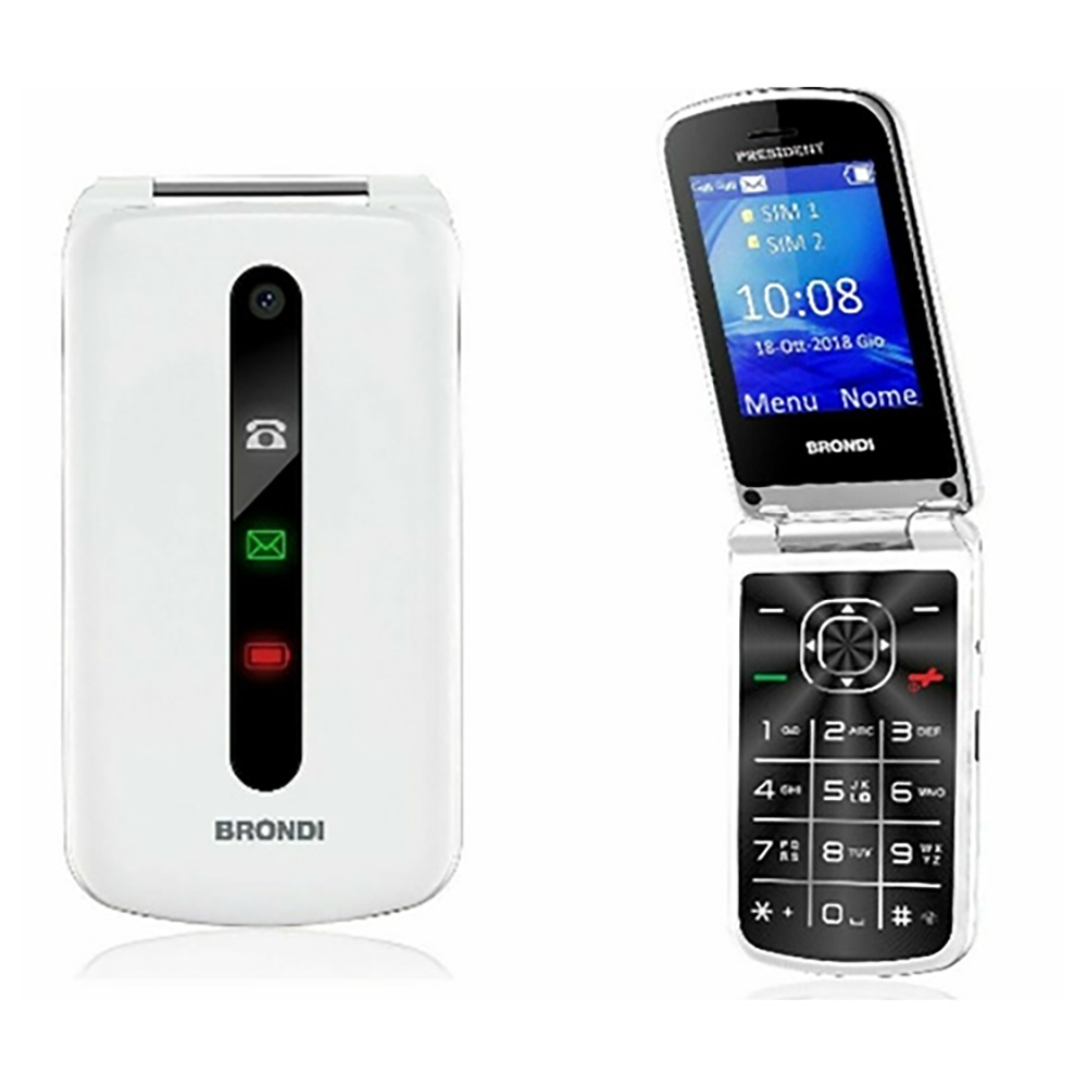 TELFONO CELLULARE BRONDI PRESIDENT DISPLAY CON FLIP ATTIVO GSM DUAL-SIM DISPLAY MAXI 3" Fotocamera 1.3 Mp COLORE BIANCO