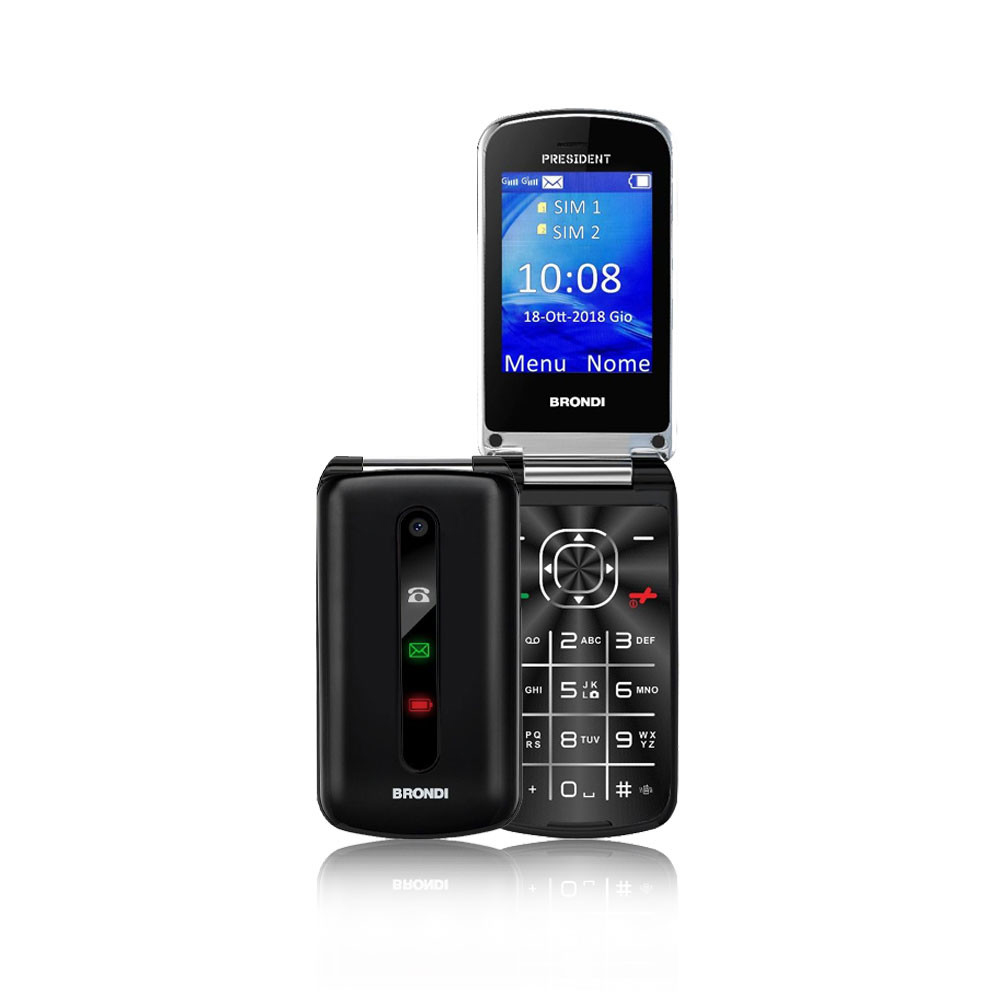 TELFONO CELLULARE BRONDI PRESIDENT DISPLAY CON FLIP ATTIVO GSM DUAL-SIM DISPLAY MAXI 3" Fotocamera 1.3 Mp COLORE NERO