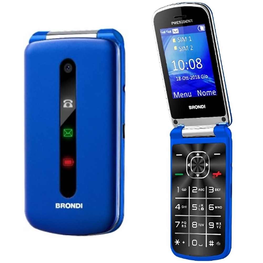 TELFONO CELLULARE BRONDI PRESIDENT DISPLAY CON FLIP ATTIVO GSM DUAL-SIM DISPLAY MAXI 3" Fotocamera 1.3 Mp COLORE BLU