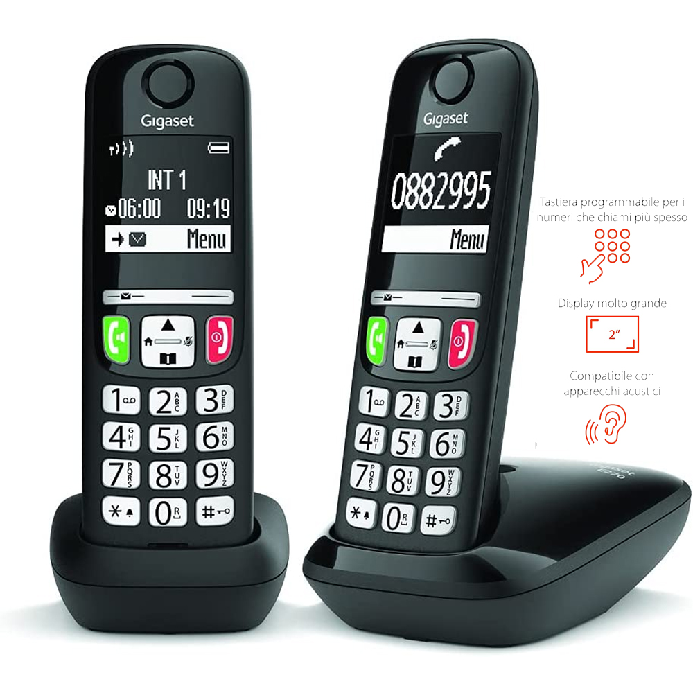 CORDLESS GIGASET E270 DUO SENIOR - VIVAVOCE - TASTI GRANDI - RUBRICA 100 NUMERI COLORE NERO