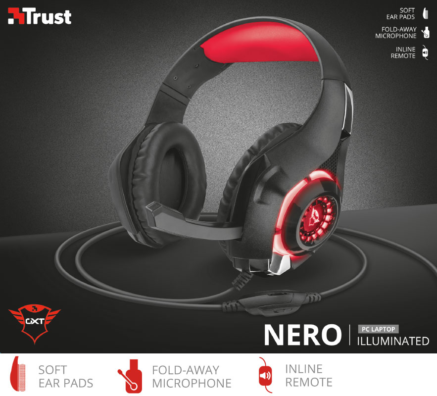 CUFFIE GAMING TRUST GXT 313 ILLUMINATED NERO/ROSSO, MICROFONO REGOLABILE, CONTROLLO VOLUME, PER PC / PS4 / Xbox One / Nintendo Switch