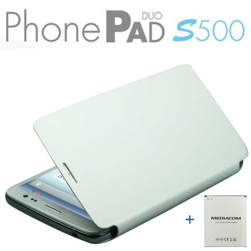 MEDIACOM CUSTODIA FLIP CASE M-S500BC PER TELEFONO CELLULARE PhonePad Duo S500 COLORE BIANCO + BIG BATTERY 2500 mAh