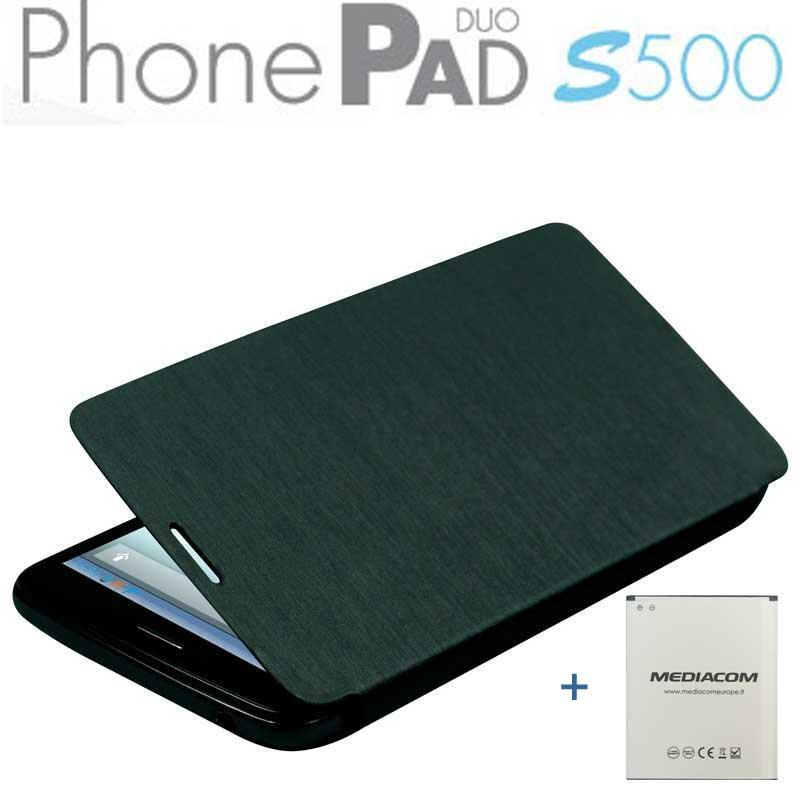 MEDIACOM CUSTODIA FLIP CASE M-S500BCB PER TELEFONO CELLULARE PhonePad Duo S500 COLORE BLACK + BIG BATTERY 2500 mAh