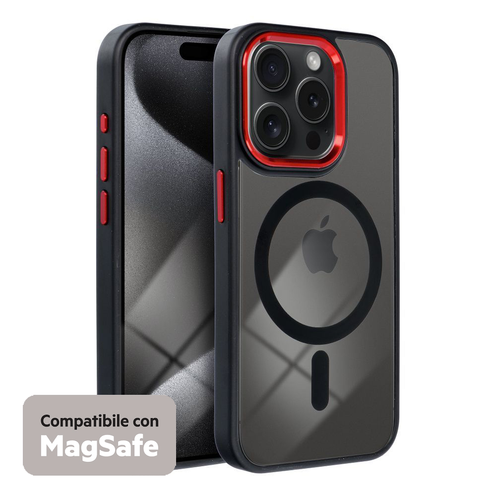 COLOR EDGE MAG COVER TRASPARENTE PROTEZIONE FOTOCAMERA E BORDI ( NERO, ROSSO ) PER iPhone 15